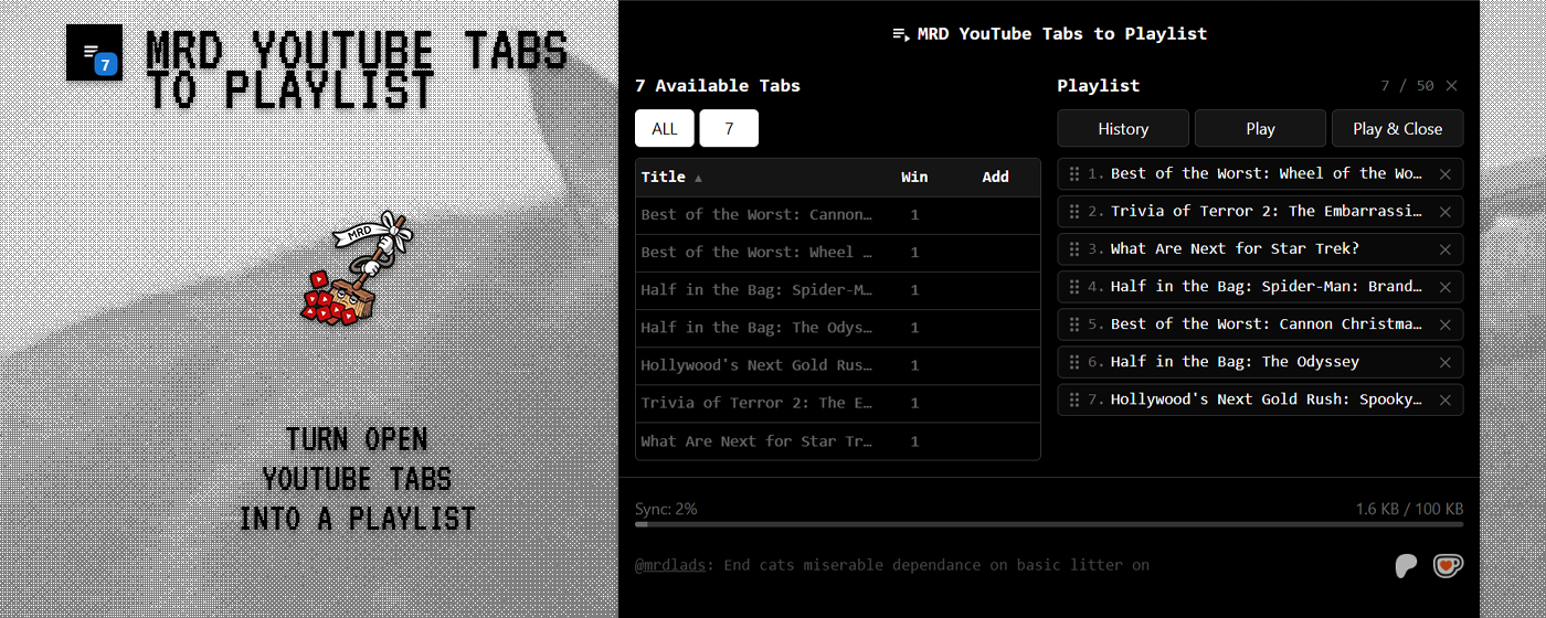 MRD YouTube Tabs to Playlist Showcase